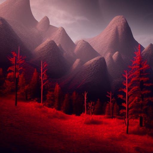 Eerie Red Forest with Fire Lake in Unreal Engine