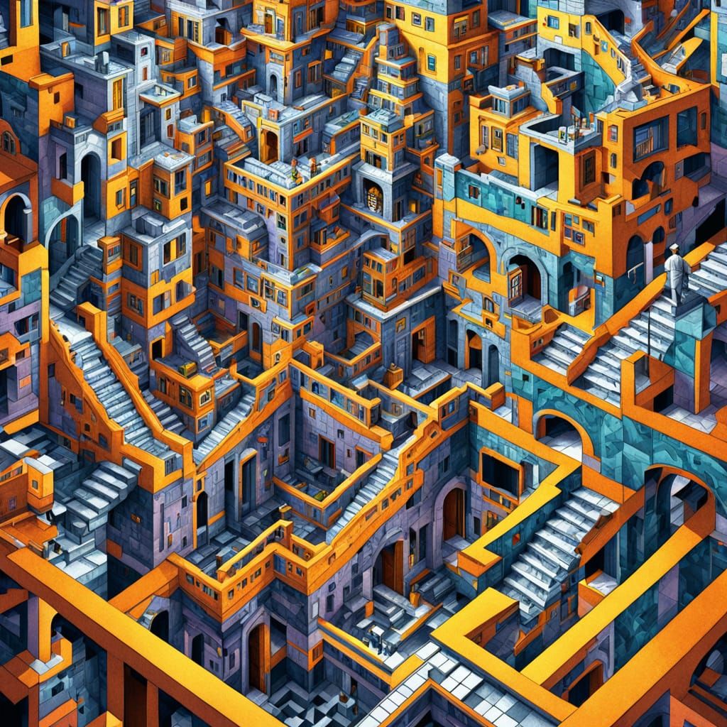 Surreal Cityscape with Impossible Geometry in Digital Art