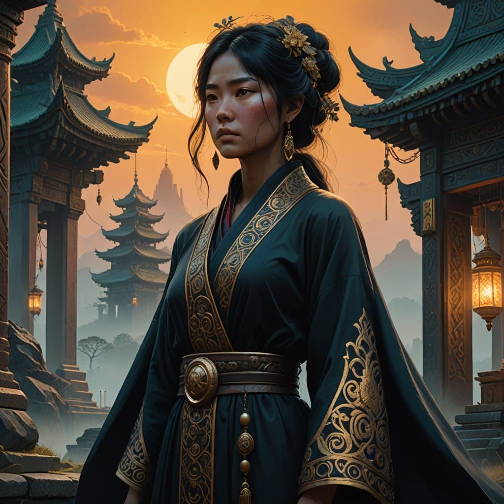 Mystical Shrine Maiden in Golden Dusk