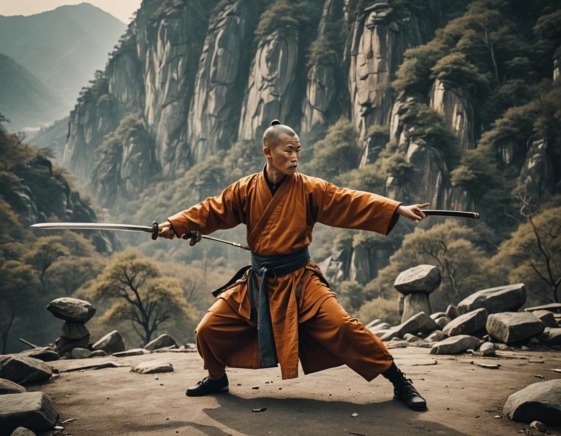 Shaolin Monk Practicing Kung Fu in Wudan Mountains