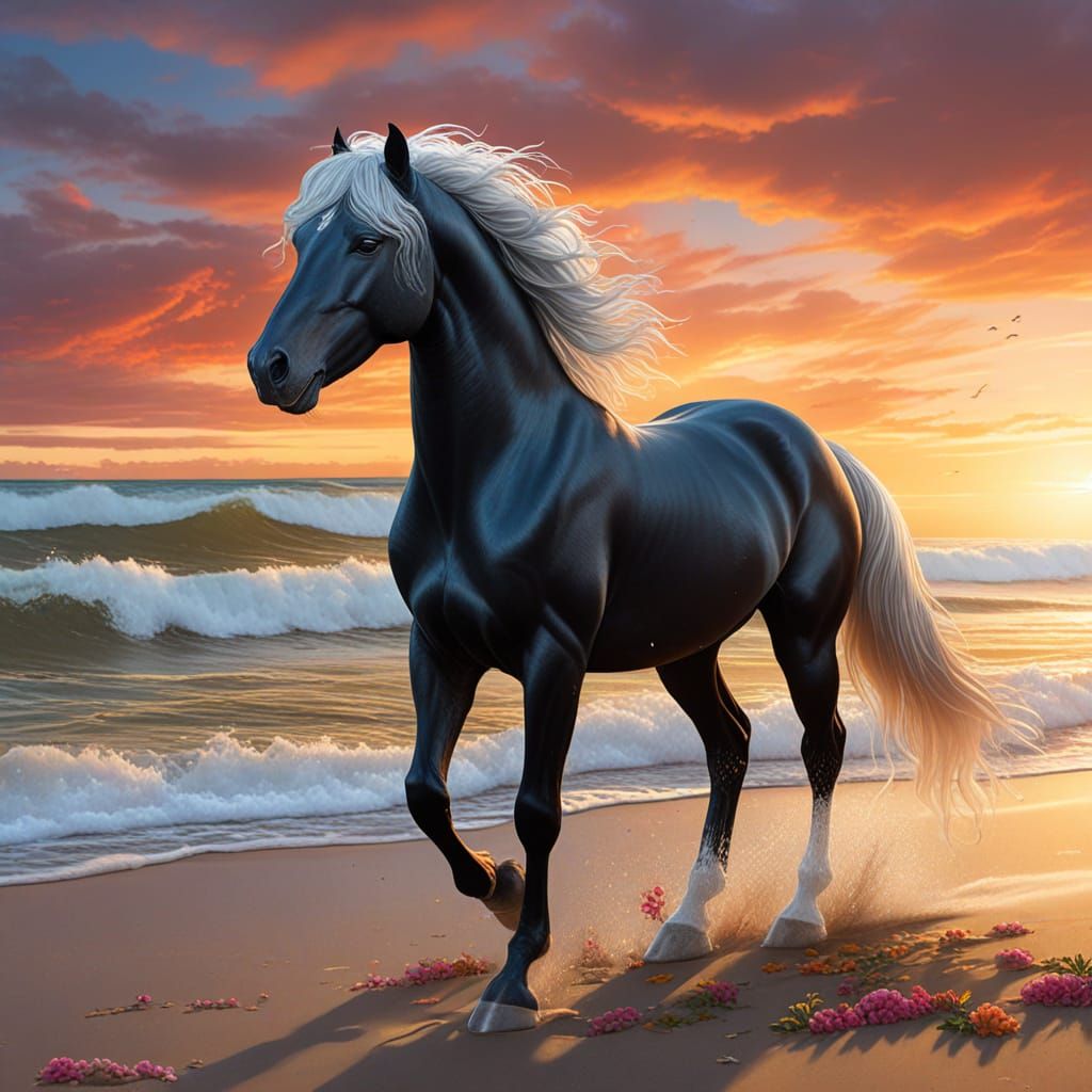Elegant Black Arabian Stallion in Sunset Glow with Vibrant T...