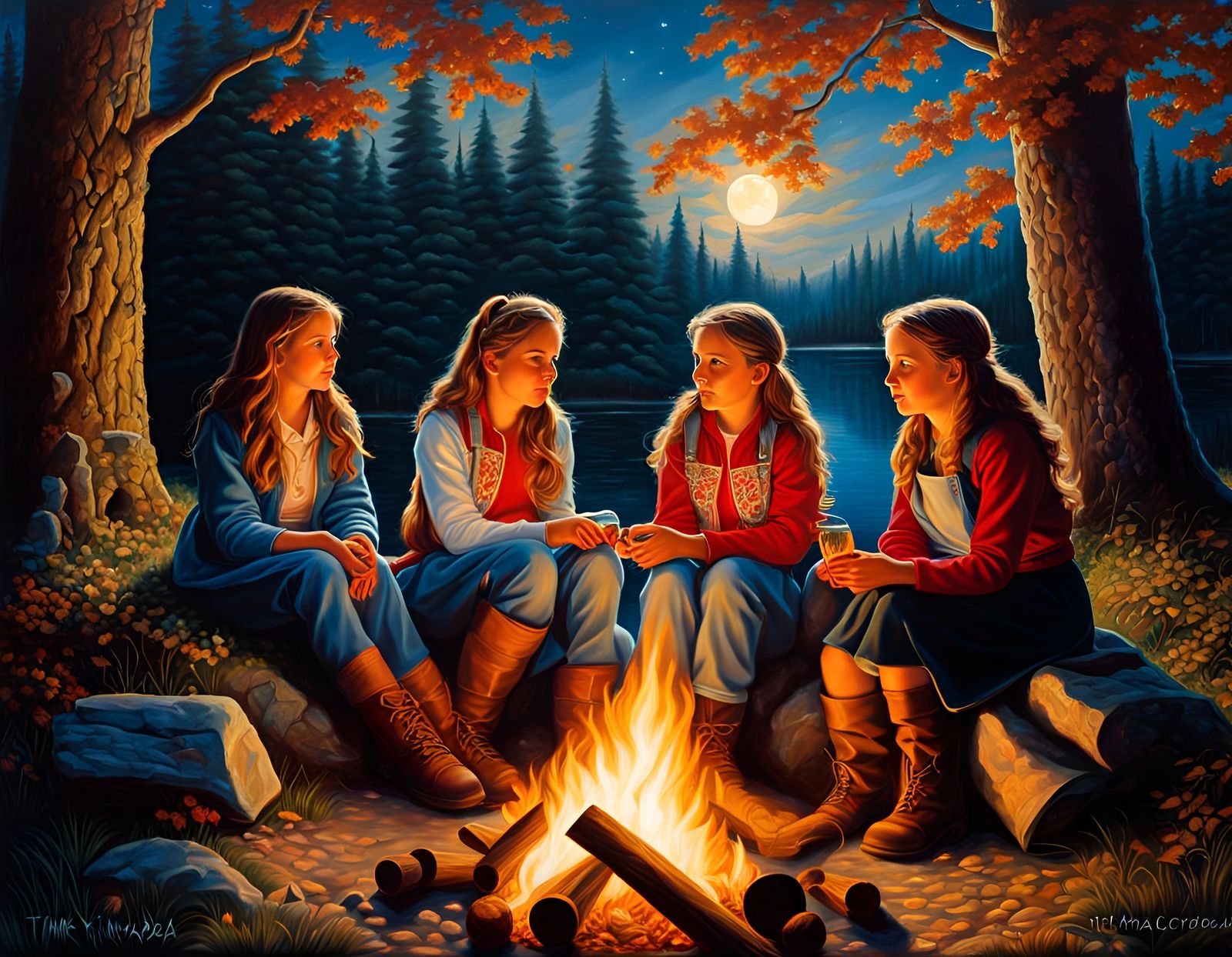 Campfire Scene in Folk Art Style