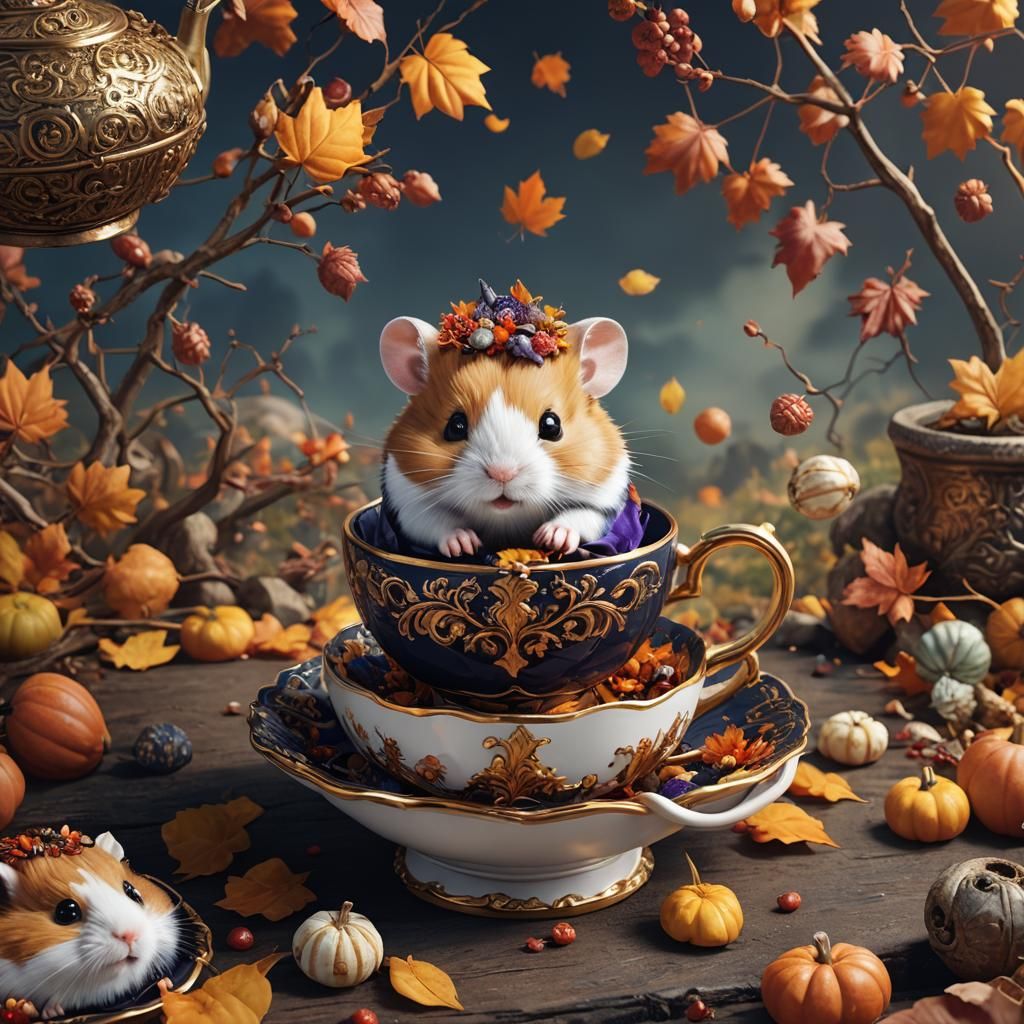Autumn Hamster in Teacup: Fantasy Concept Art
