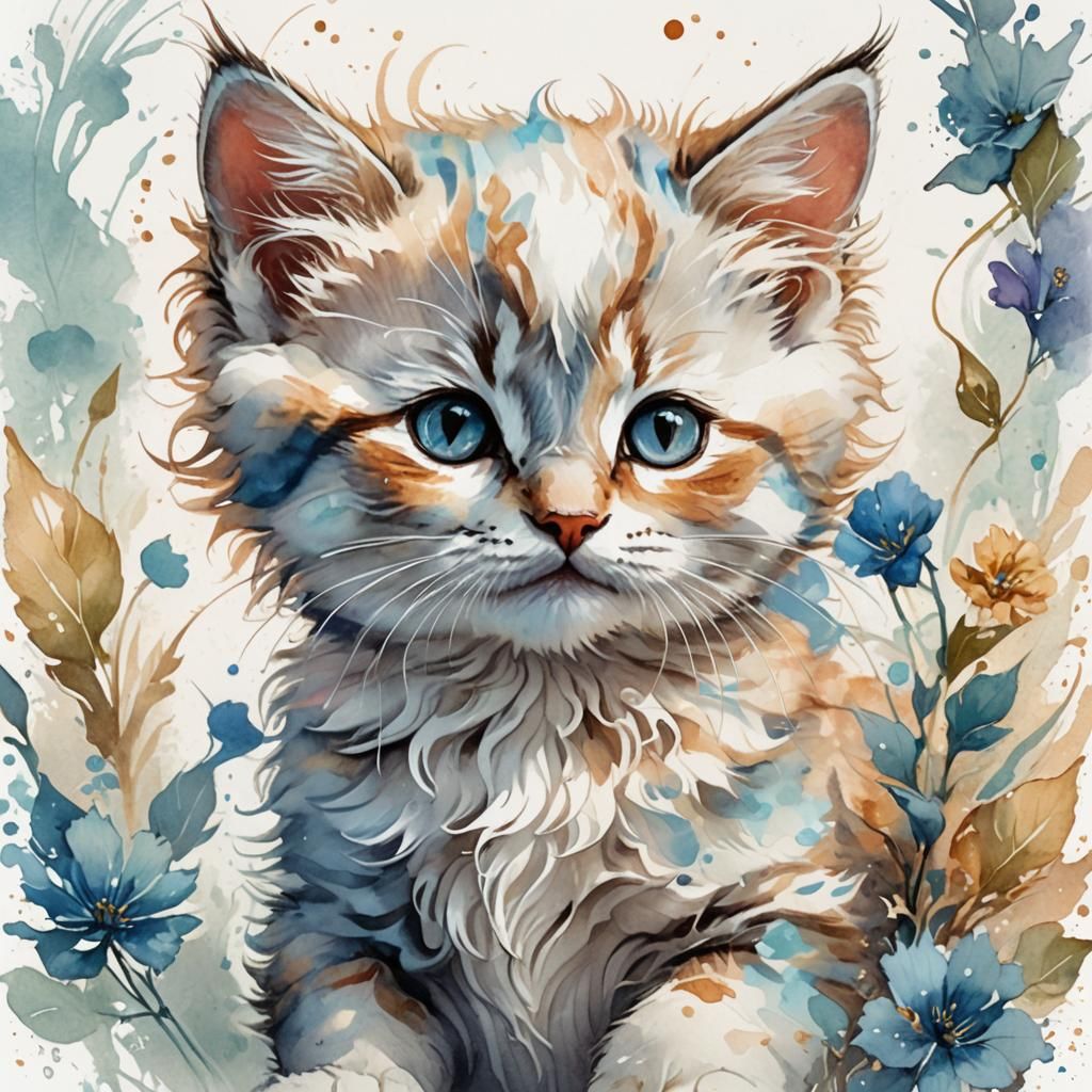 Whimsical Kitten Watercolor Portrait in Pastel Tones