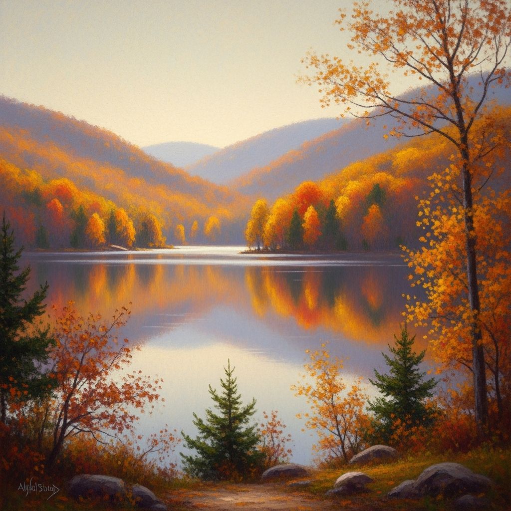 Autumn Lake Valley in Impressionist Style