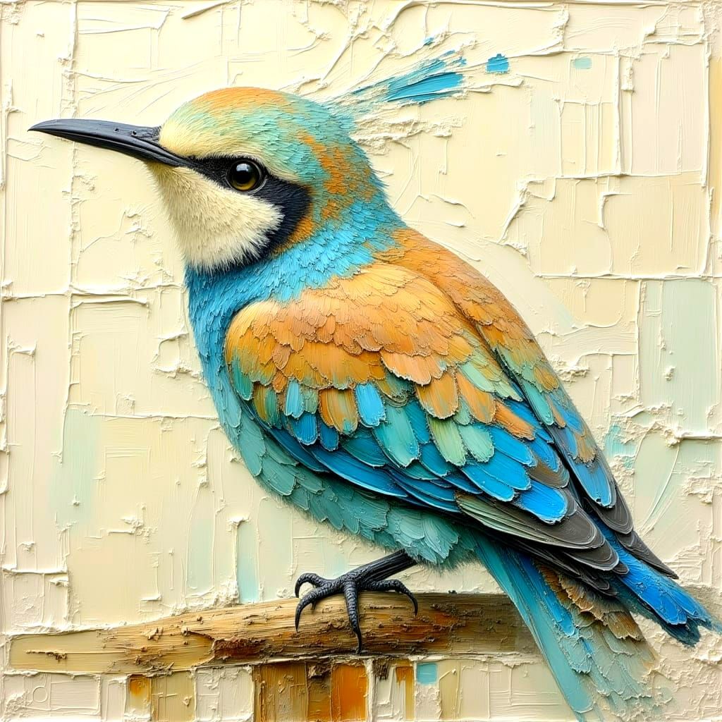 European Roller Bird Portrait as Impasto Oil Painting