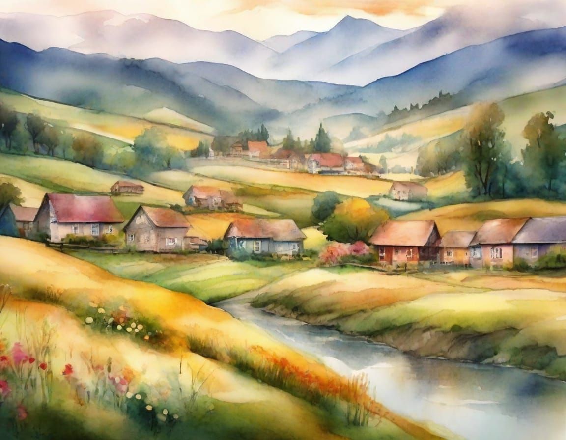Vibrant Watercolor Landscape of a Misty Valley with Colorful...