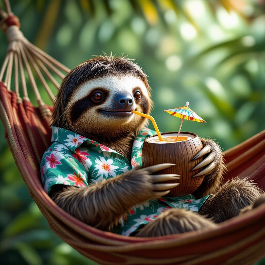 Sloth in Hammock Sipping Tropical Drink