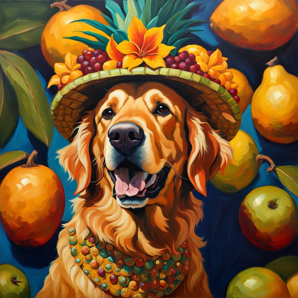 Golden Retriever as Carmen Miranda in Pop Art
