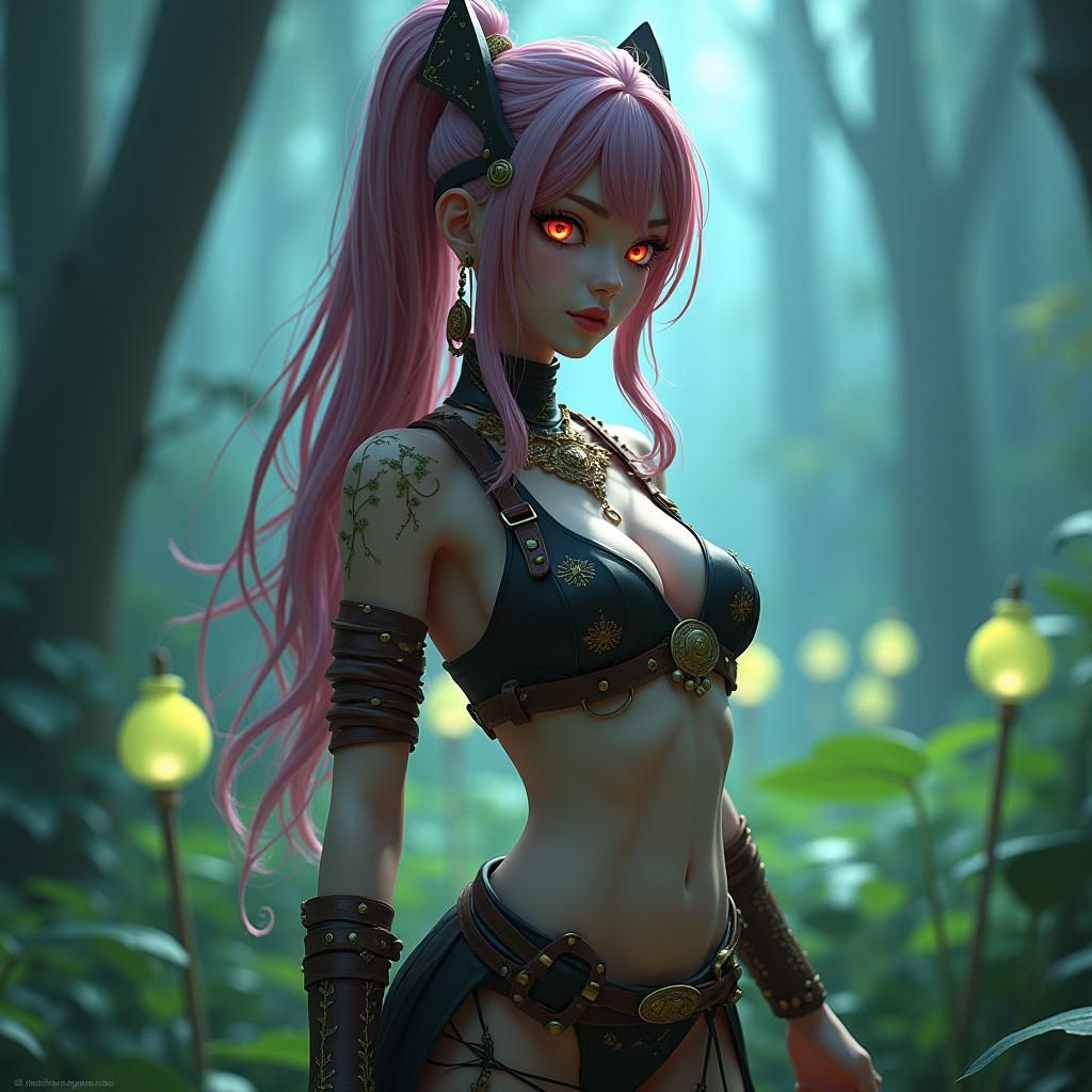 Anime Femme Fatale in Ginseng Forest, 3D Art