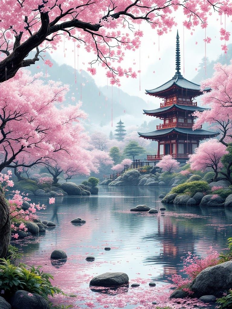 Surreal Japanese Garden Blooms with Cherry Blossoms and Pago...