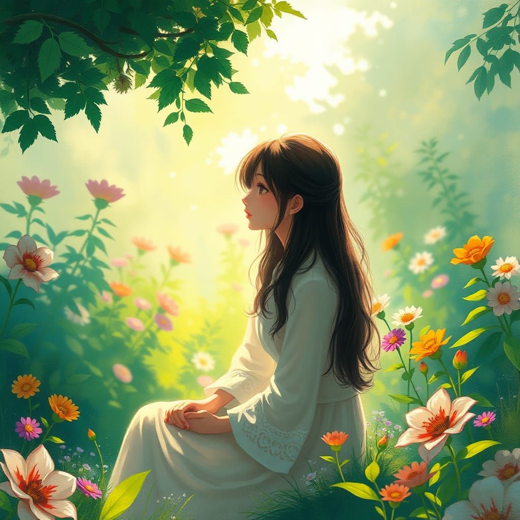 Woman in Garden: Anime-Inspired Serenity