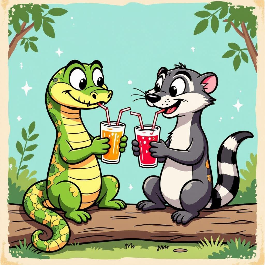 Cartoon Snake and Mongoose Friends Sharing Soda