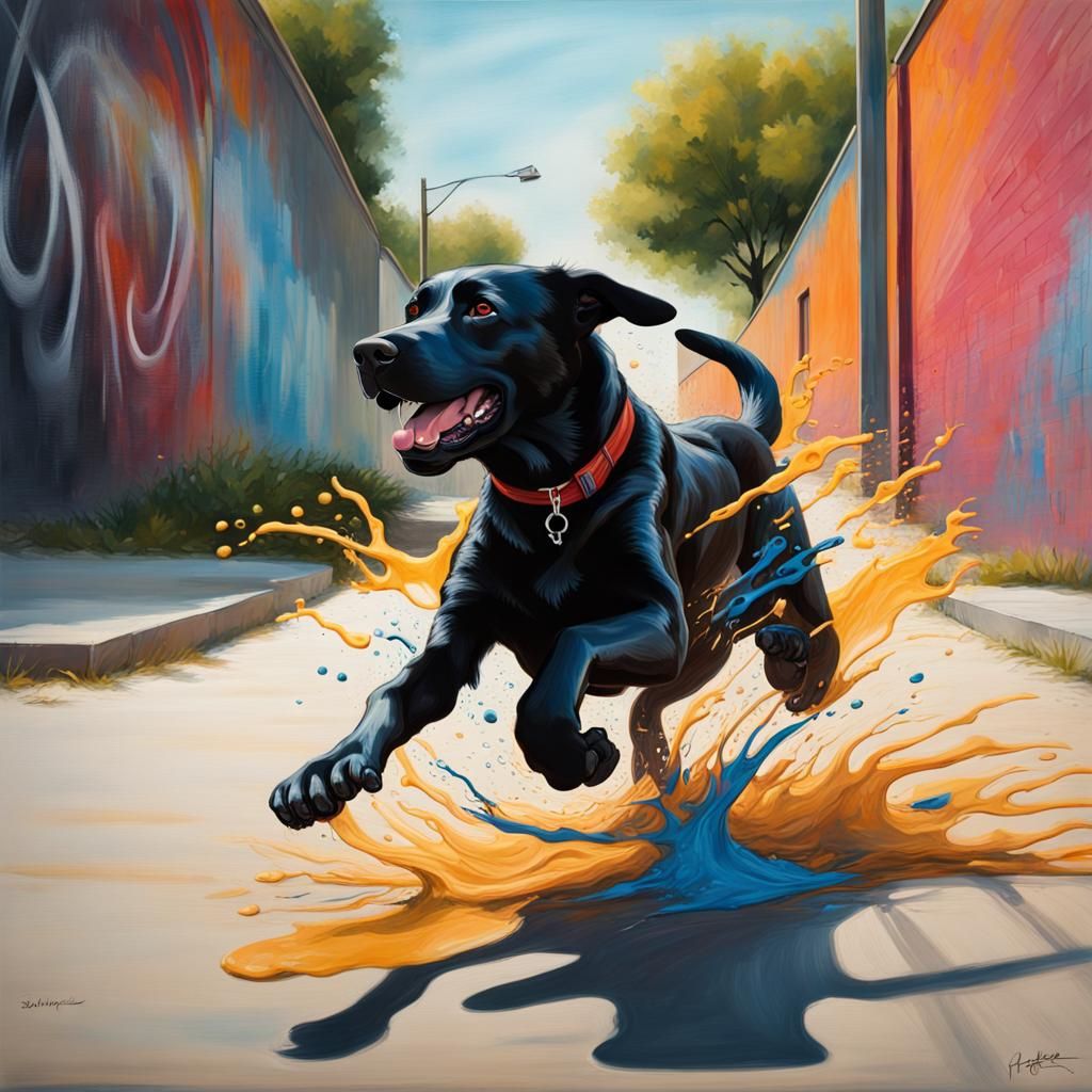 Labrador Dog Chase in Hyperrealistic Splash Art