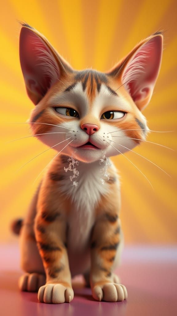 Pixar-Inspired Cat Sneezes with Unwavering Gaze