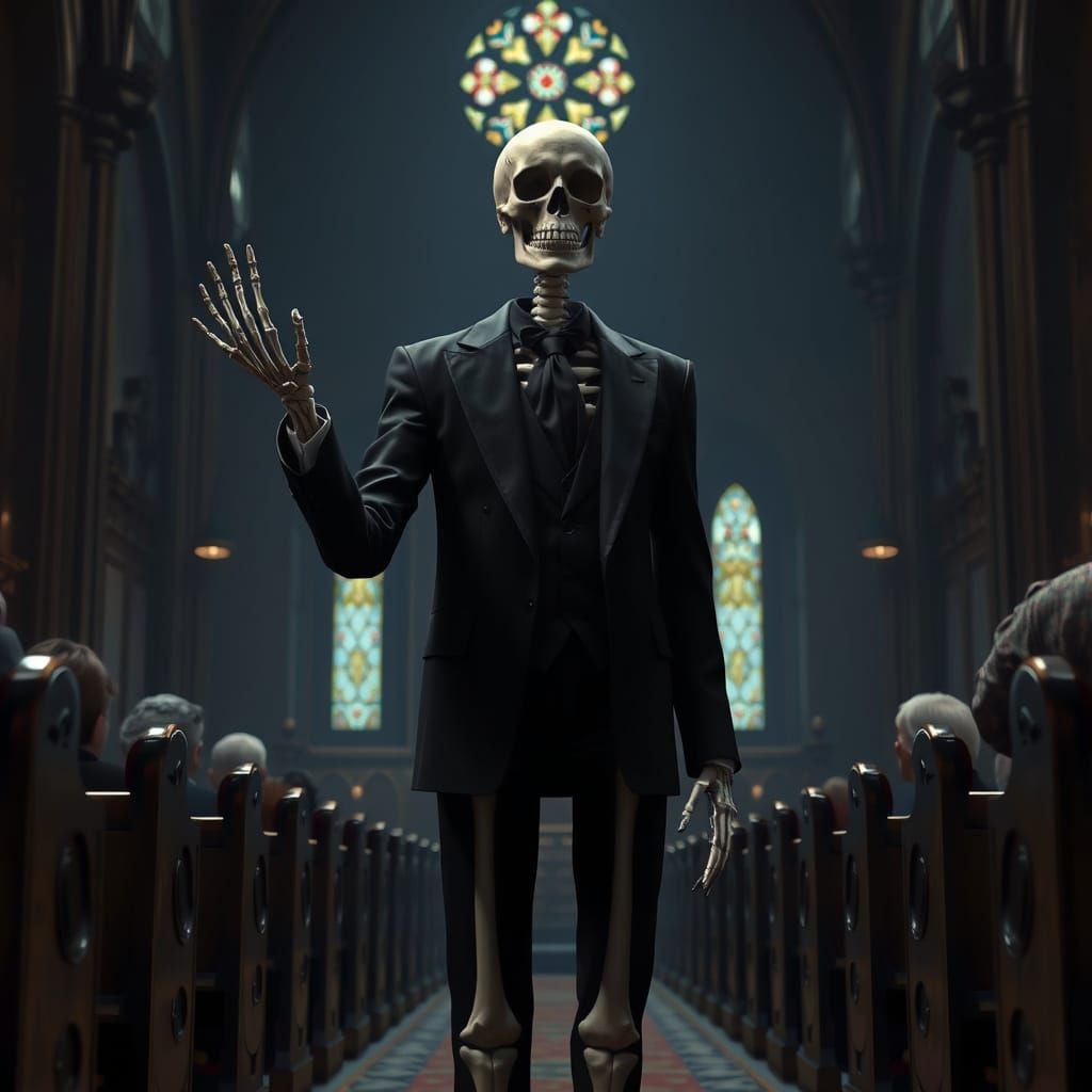 Somber Skeleton Usher Guides Churchgoers in Ornate Church