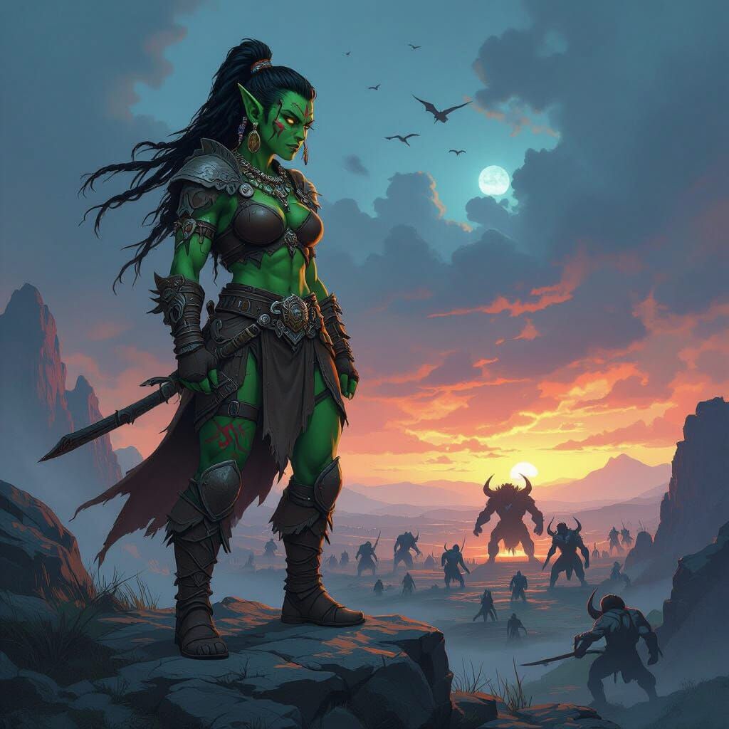 Fierce Orc Warrior Overlooks Demon Battlefield in Anime Styl...