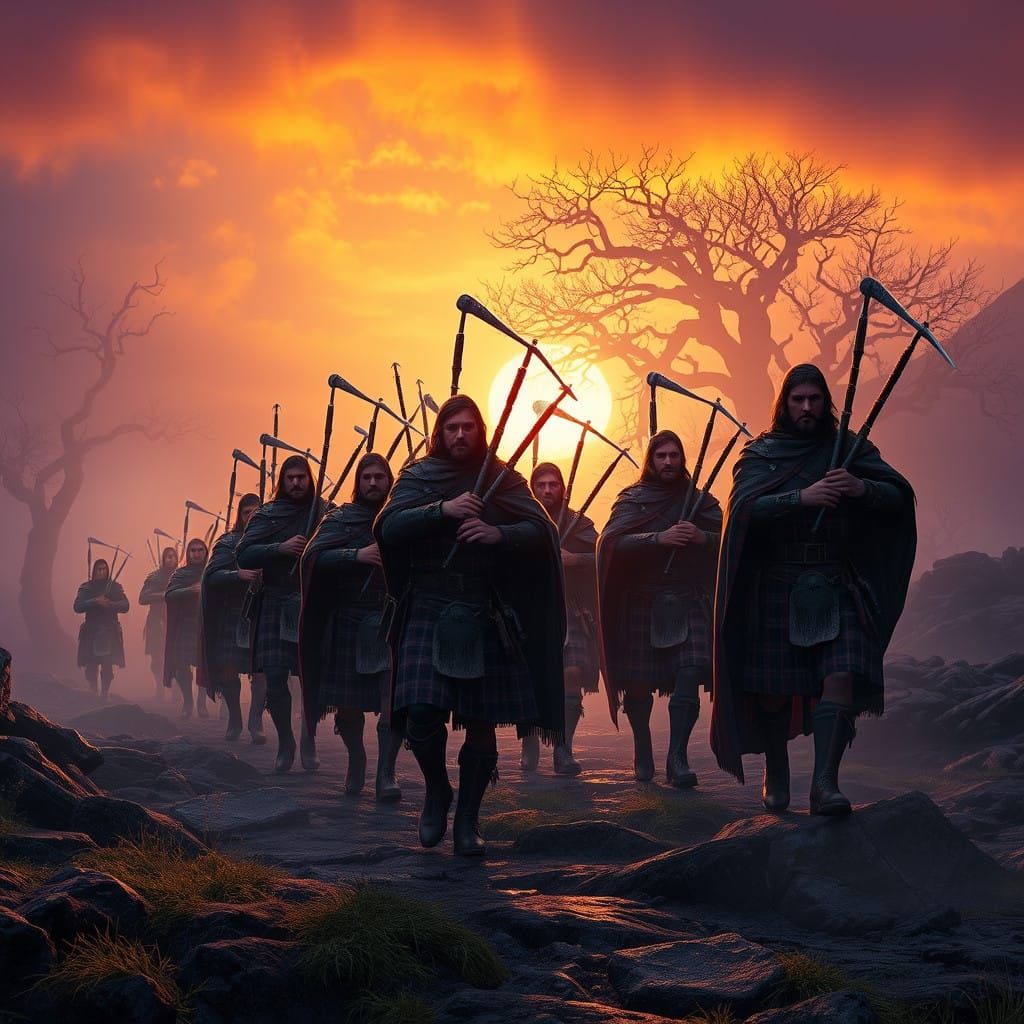 Majestic Highland Warriors March Across a Misty, Dramatic Sc...