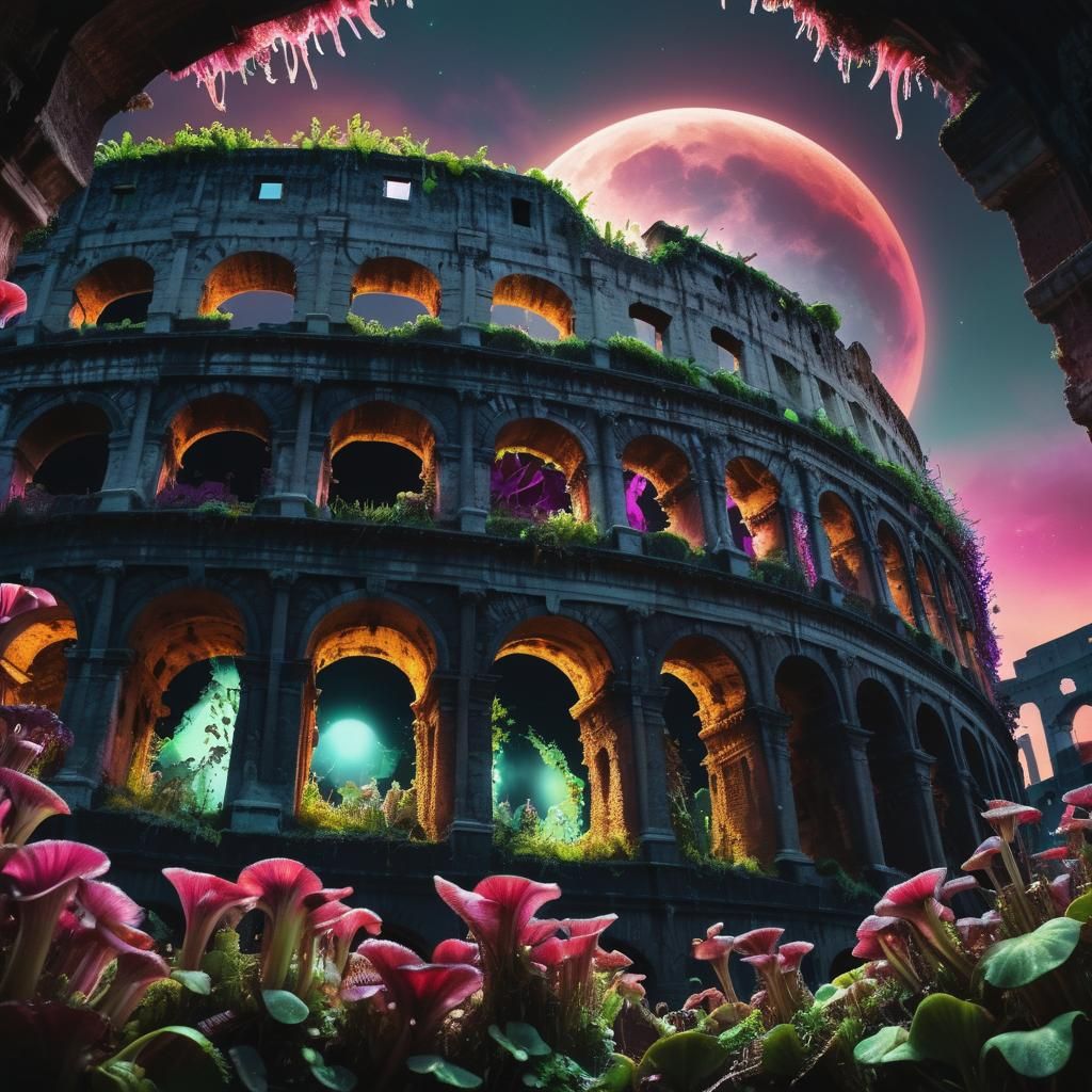Bioluminescent Plants Encroach on Roman Colosseum at Night