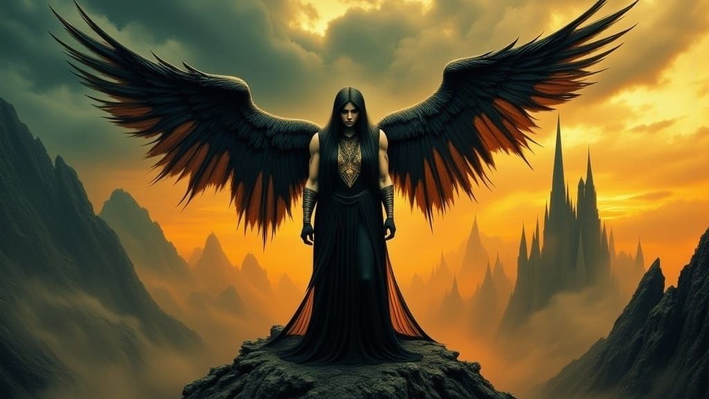 Fallen Angel in Apocalyptic Landscape, Art Nouveau Style