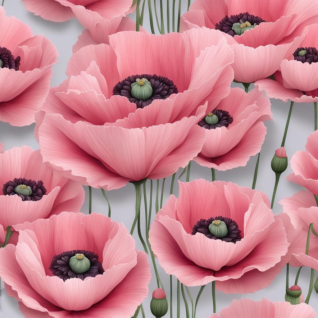 Digital Seamless Paper, Numerous Tiny 3d Soft Pink Oriental Poppies with large dew drops on the flowers,  3d Handwoven F...