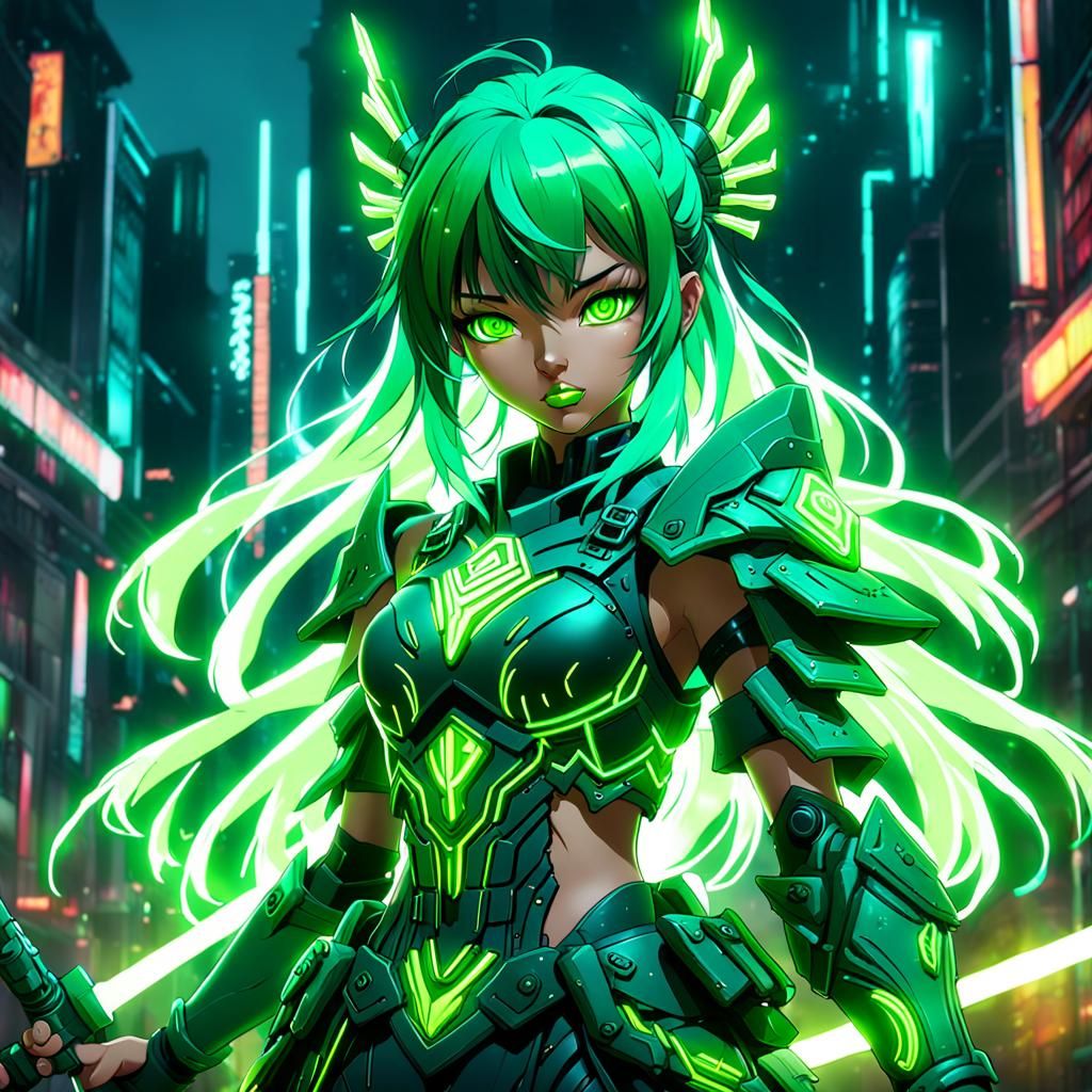 Anime Neon Warrior Girl in Detailed Matte Painting