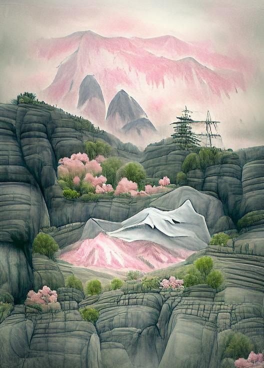 Pink Mountainscape in the Style of Shitao