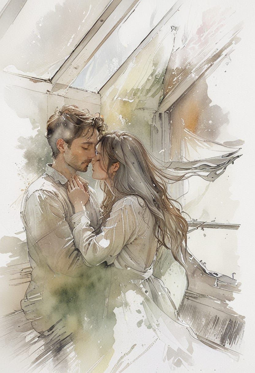 Romantic Couple Kissing in Loft: Watercolour and Ink