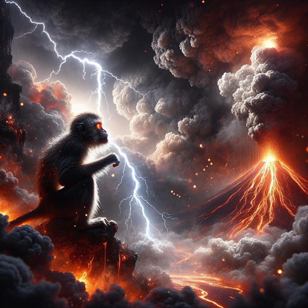 Volcanic Eruption and Lightning Strike Near Monkey