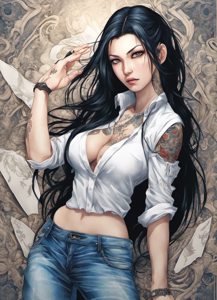 Anime Yakuza Woman with Tattoos in Manga Style