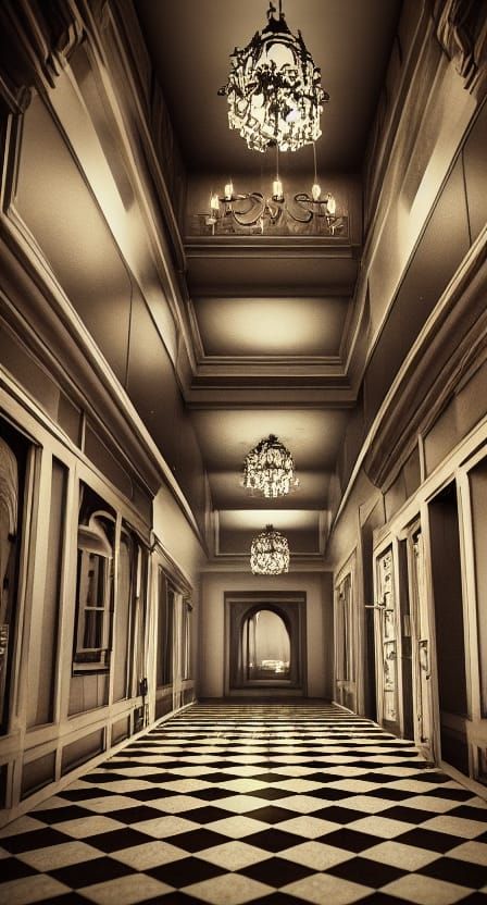 Gothic Hallway with Steampunk City, Detailed Matte Painting