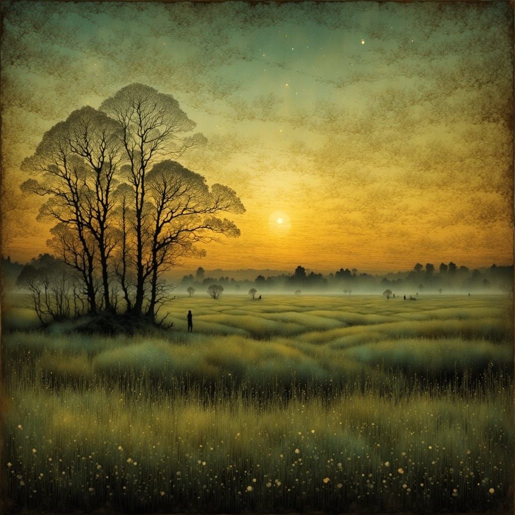 Mystical Dawn Landscape with Glowing Orbs