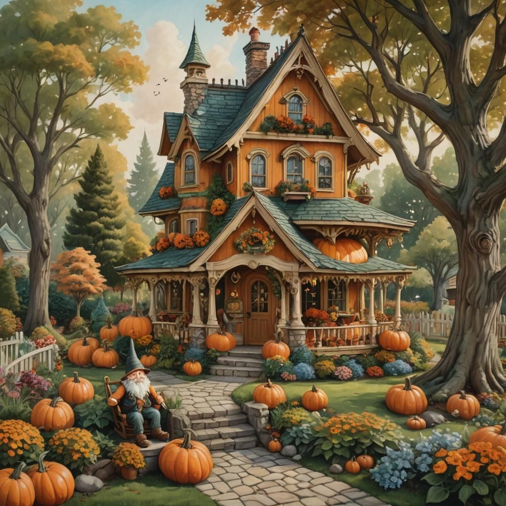 Whimsical Pumpkin House with Gnome in Garden