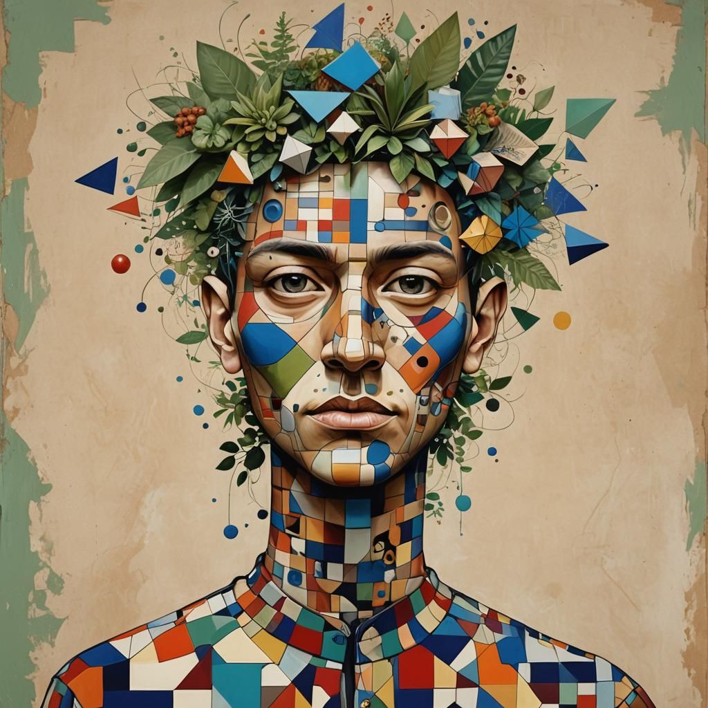 Abstract Geometric Head on Figure, Detailed Matte Painting