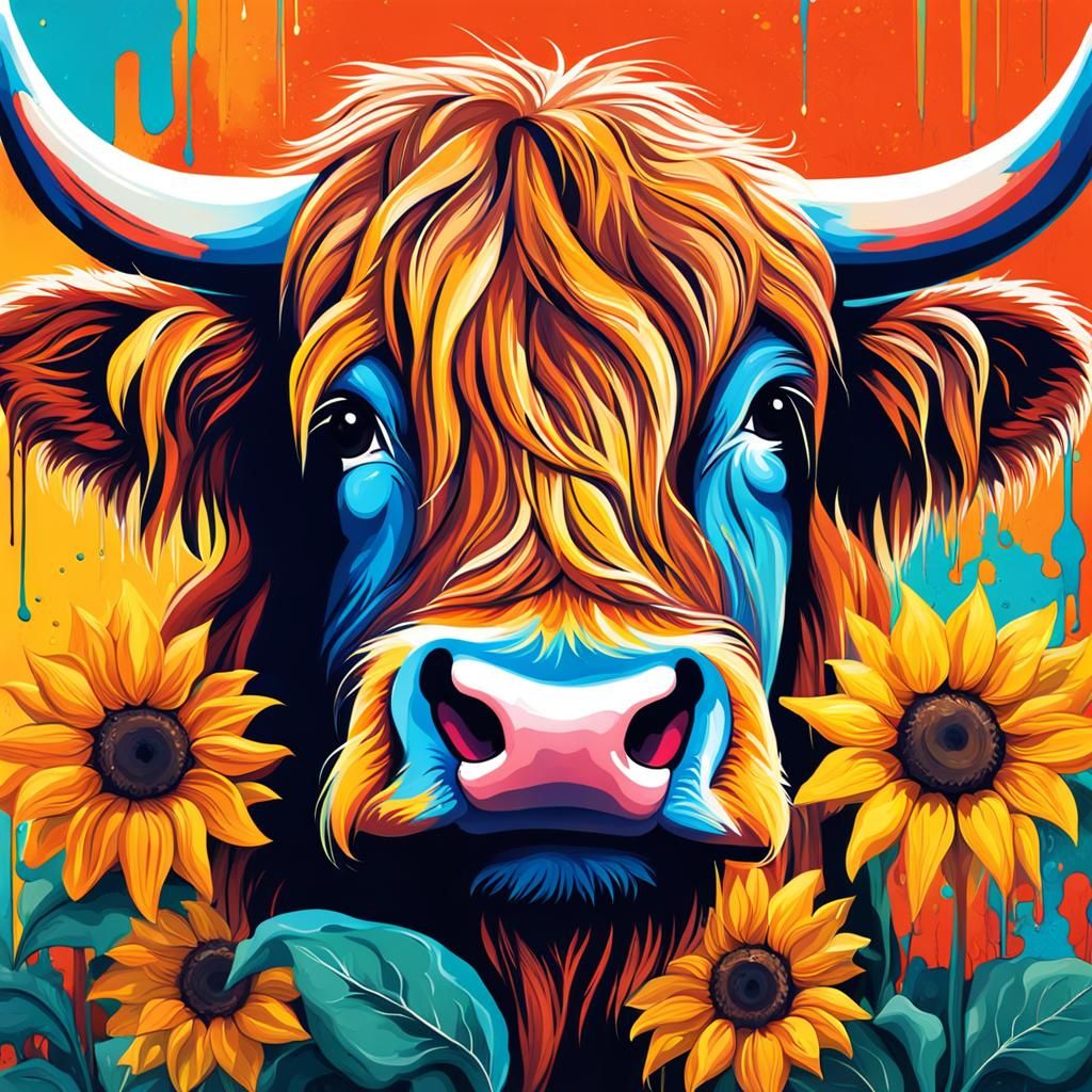 Highland Cow and Sunflower Graffiti Art in Complementary Col...