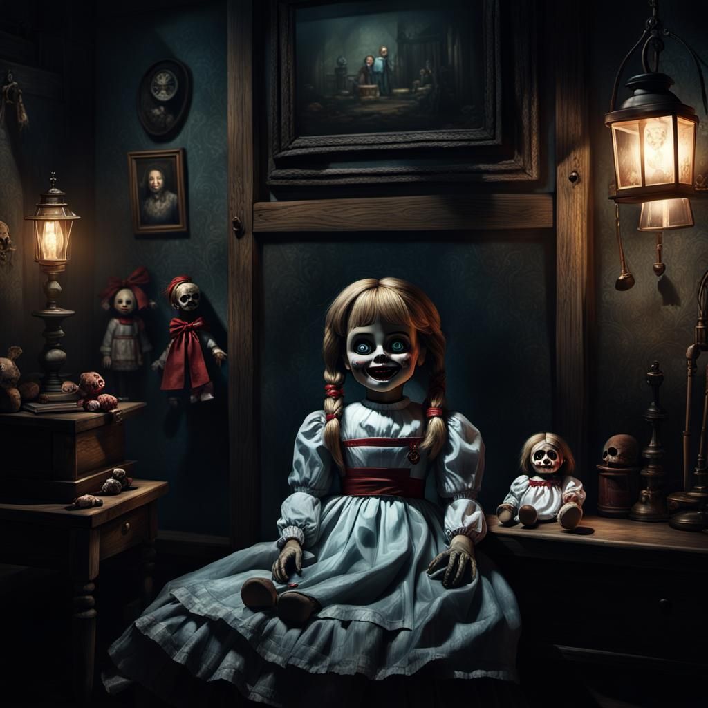 Un acercamiento vertical de una muñeca de Annabelle aterradora en una habitación sombría y tenebrosa está la muñeca Ana...