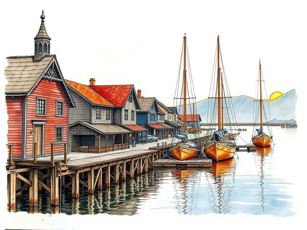 Peaceful Coastal Harbor Scene in Warm, Faded Colors