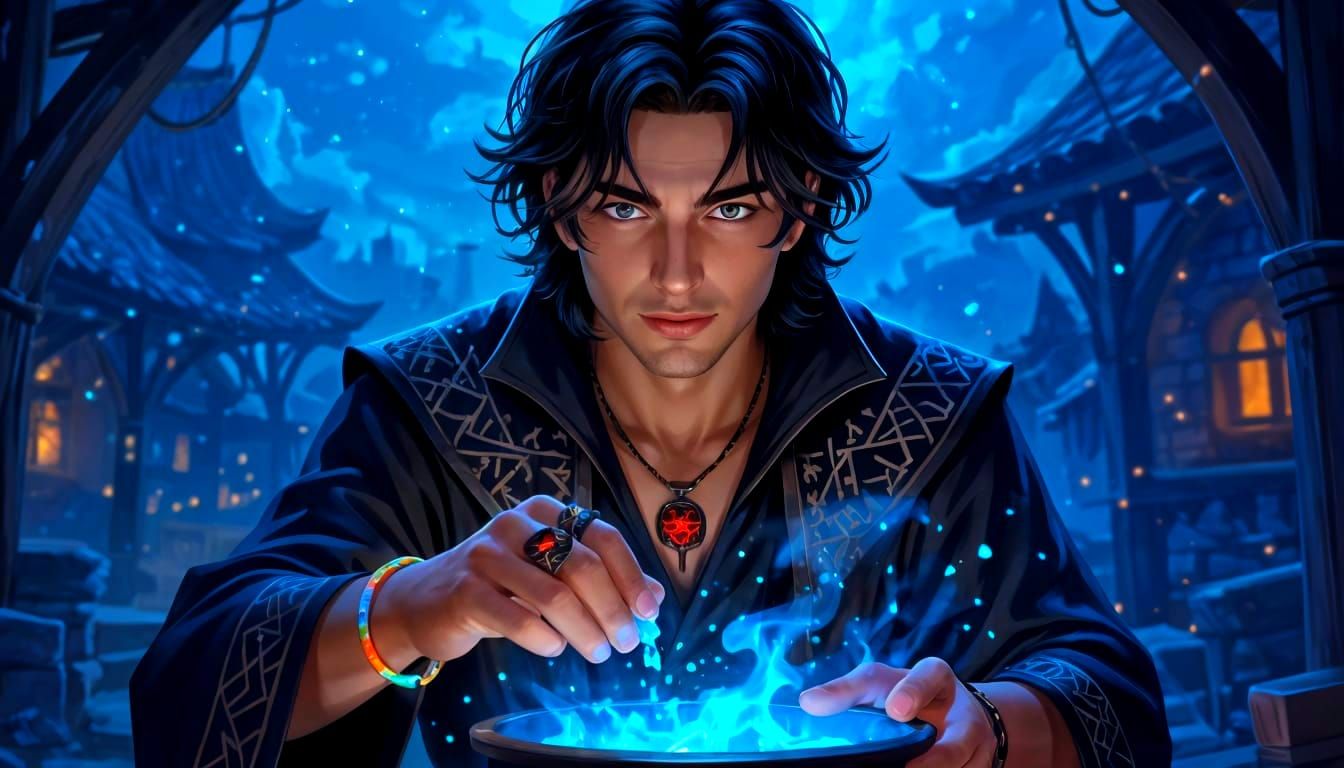 Handsome Italian Apprentice Studying Magic at Night