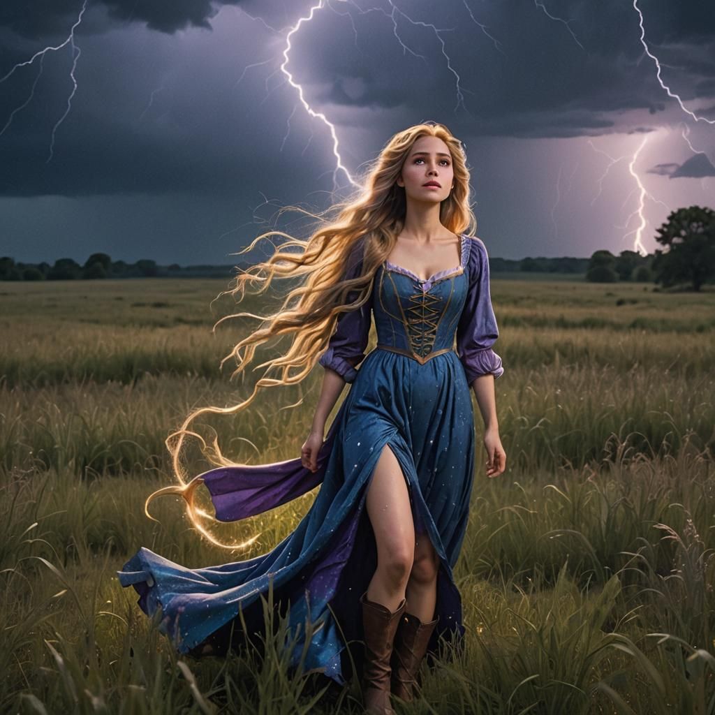 Woman in Field During Lightning Storm