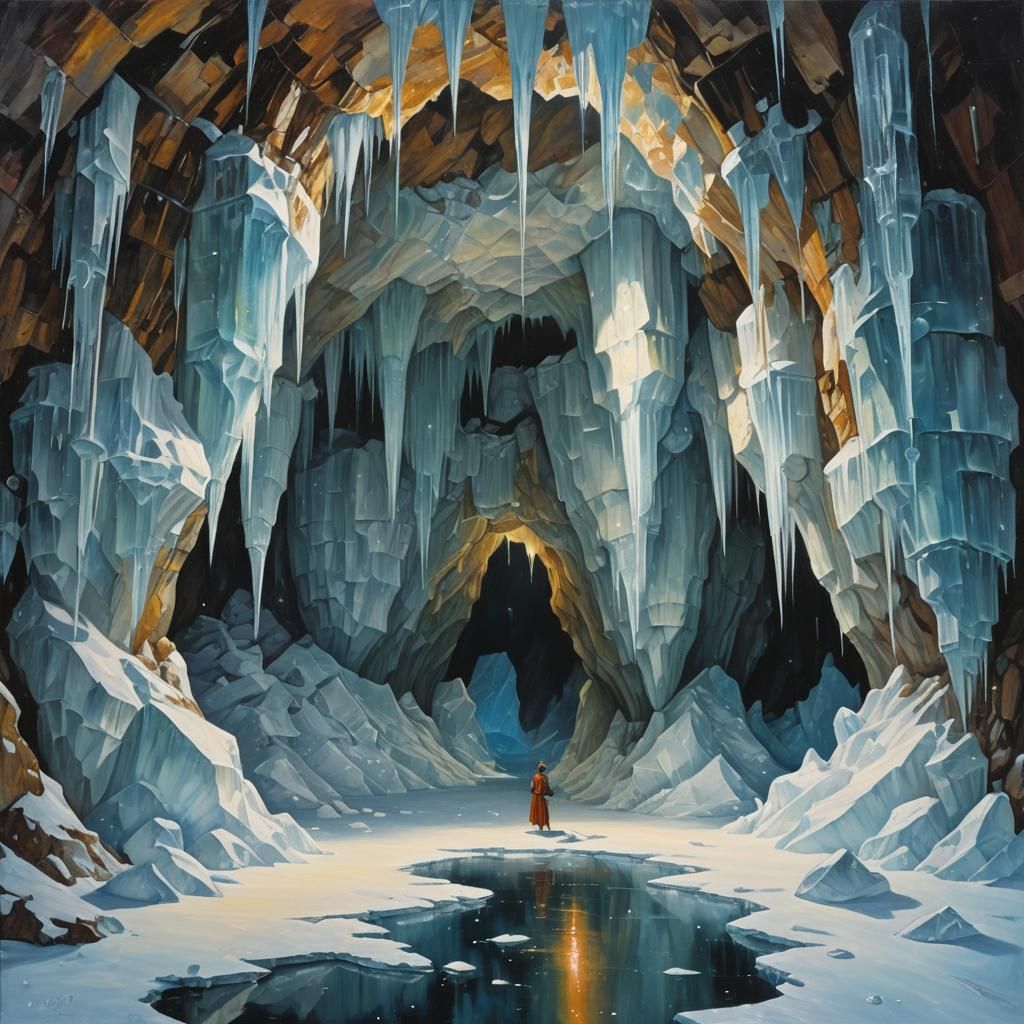 Glittering Ice Cave with Music Box: An Oil Painting