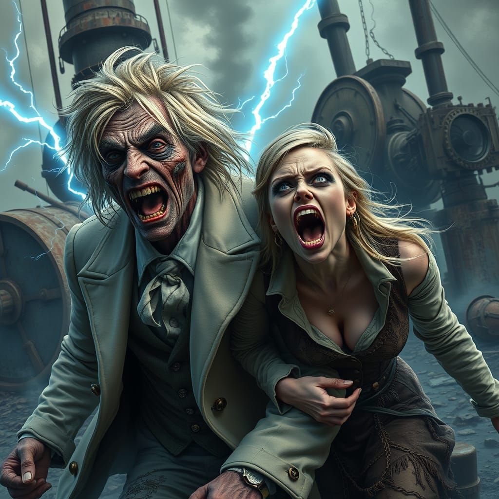 Frantic Woman Flees with Wild Boarman in Electrical Storm