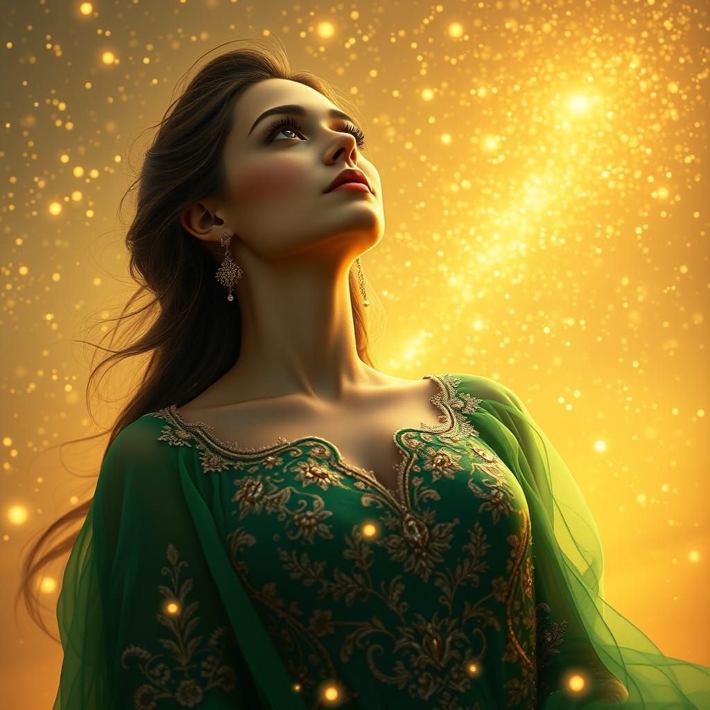Mystical Goddess of the Cosmos in Emerald Gown