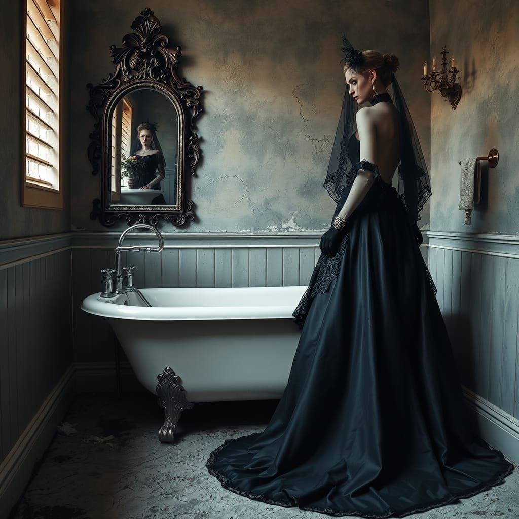 delapidated victorian  bathroom with freestanding bathtub, c...