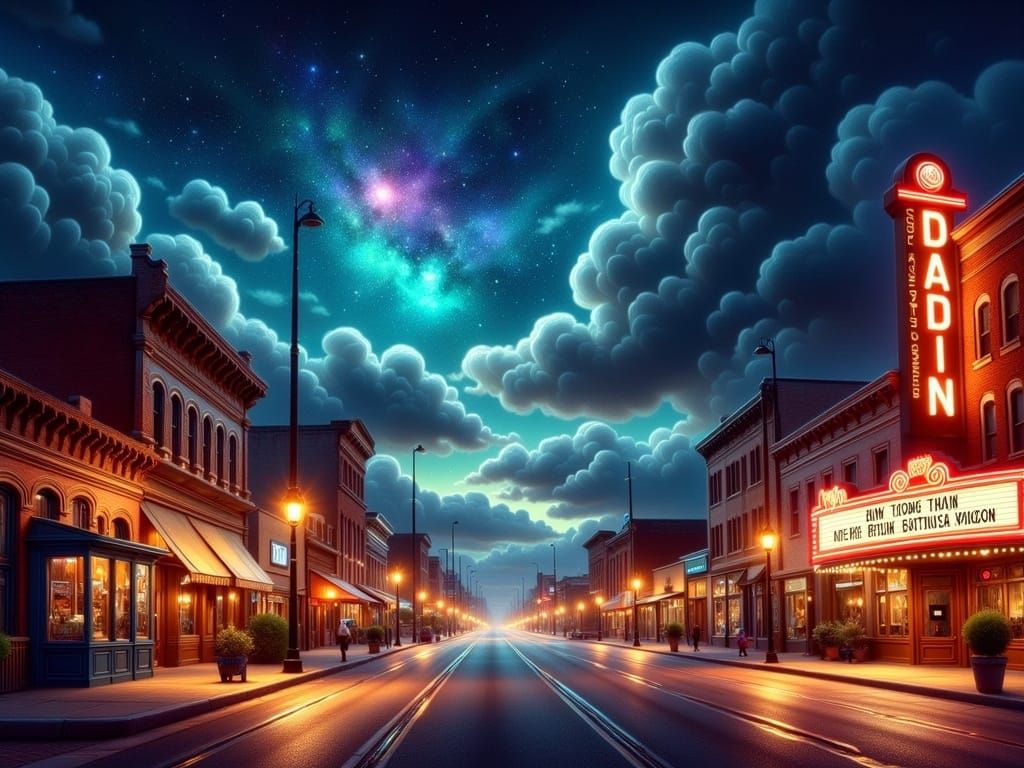 Small Town America Under Starry Night Sky