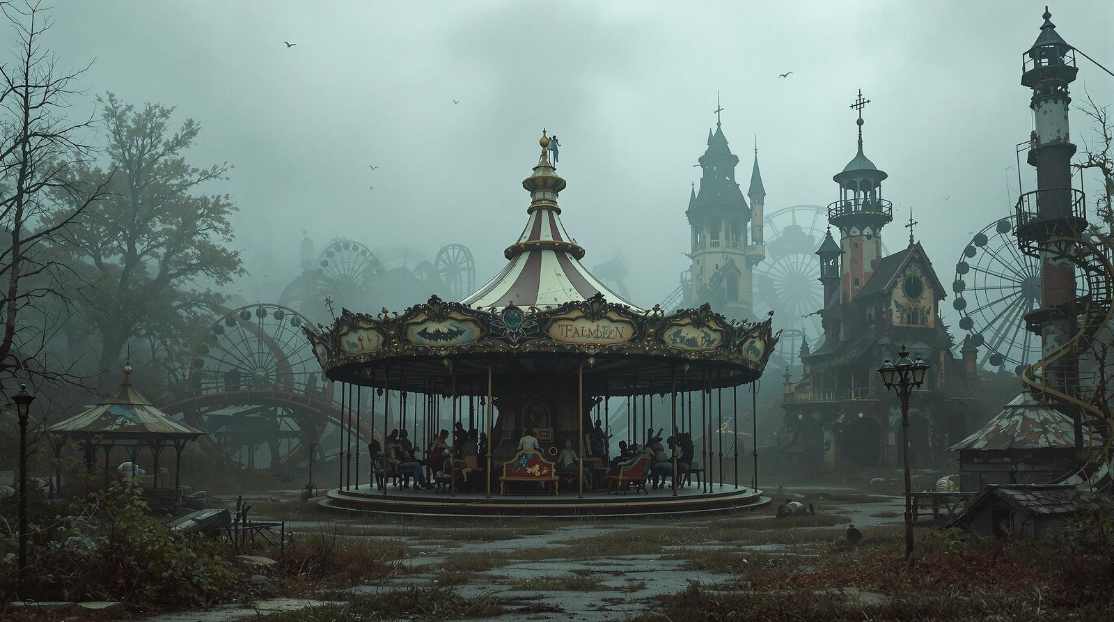 Eerie Abandoned Carnival in Twilight Fog