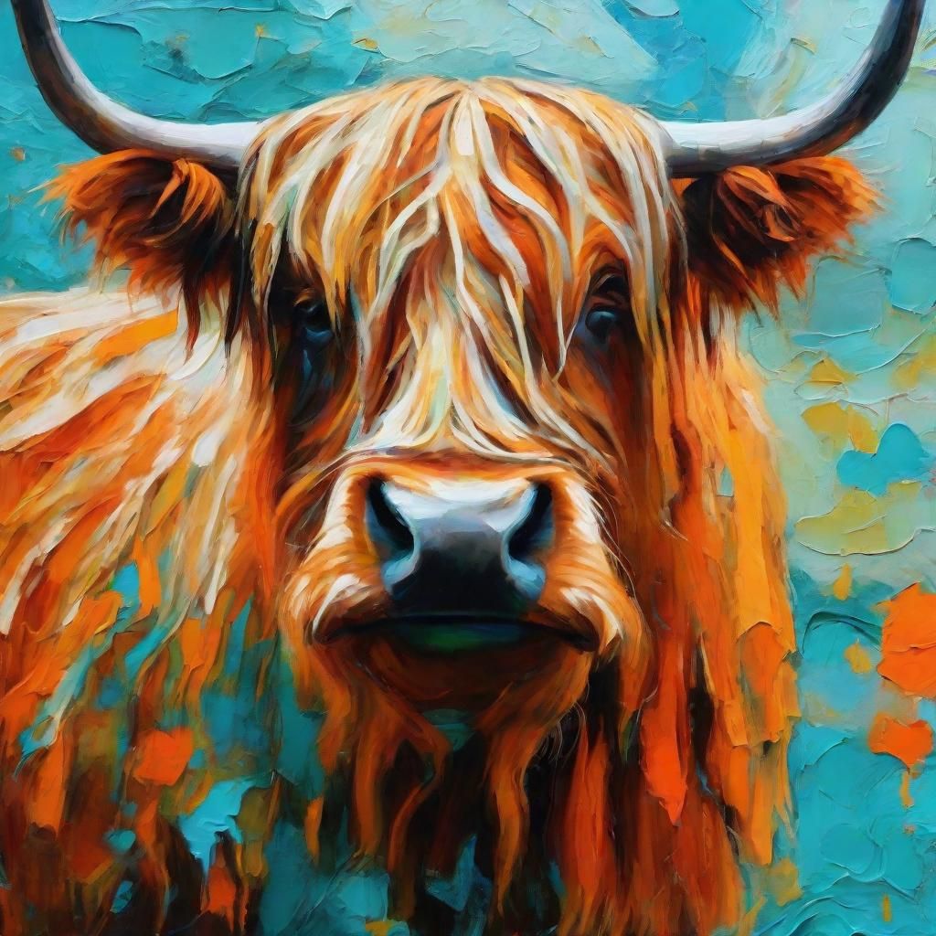 Abstract Expressionist Highland Cow and Gnome in Dreamlike L...