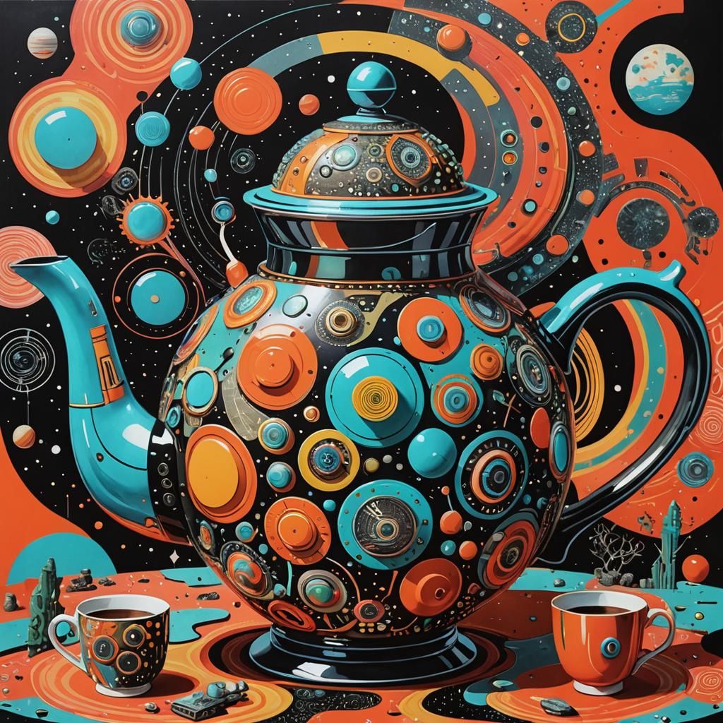 Psychedelic Retrofuturistic Teapot Mixed Media Collage