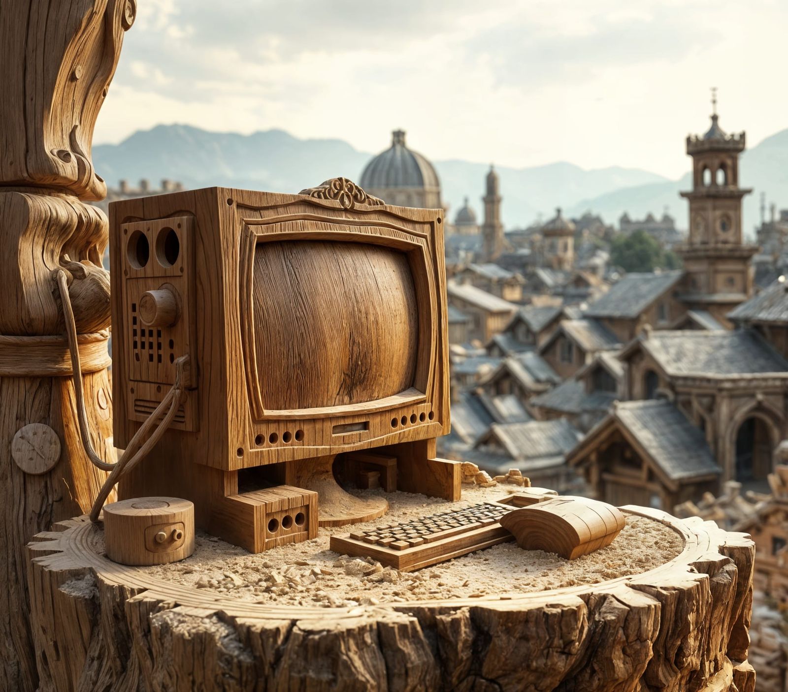 Intricate Wood Carving of a Computer