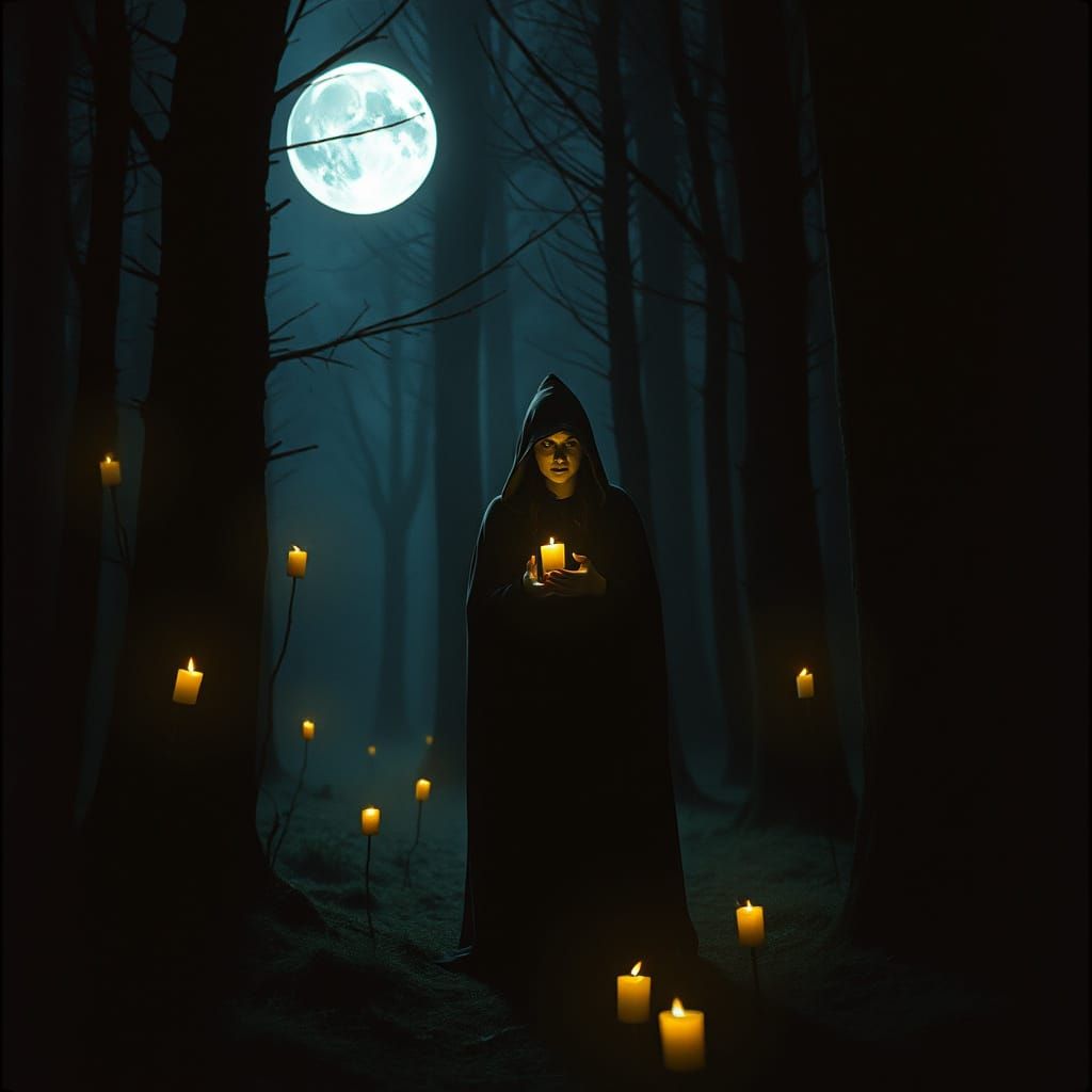 Mysterious Witch in Dark Forest with Glowing Runes