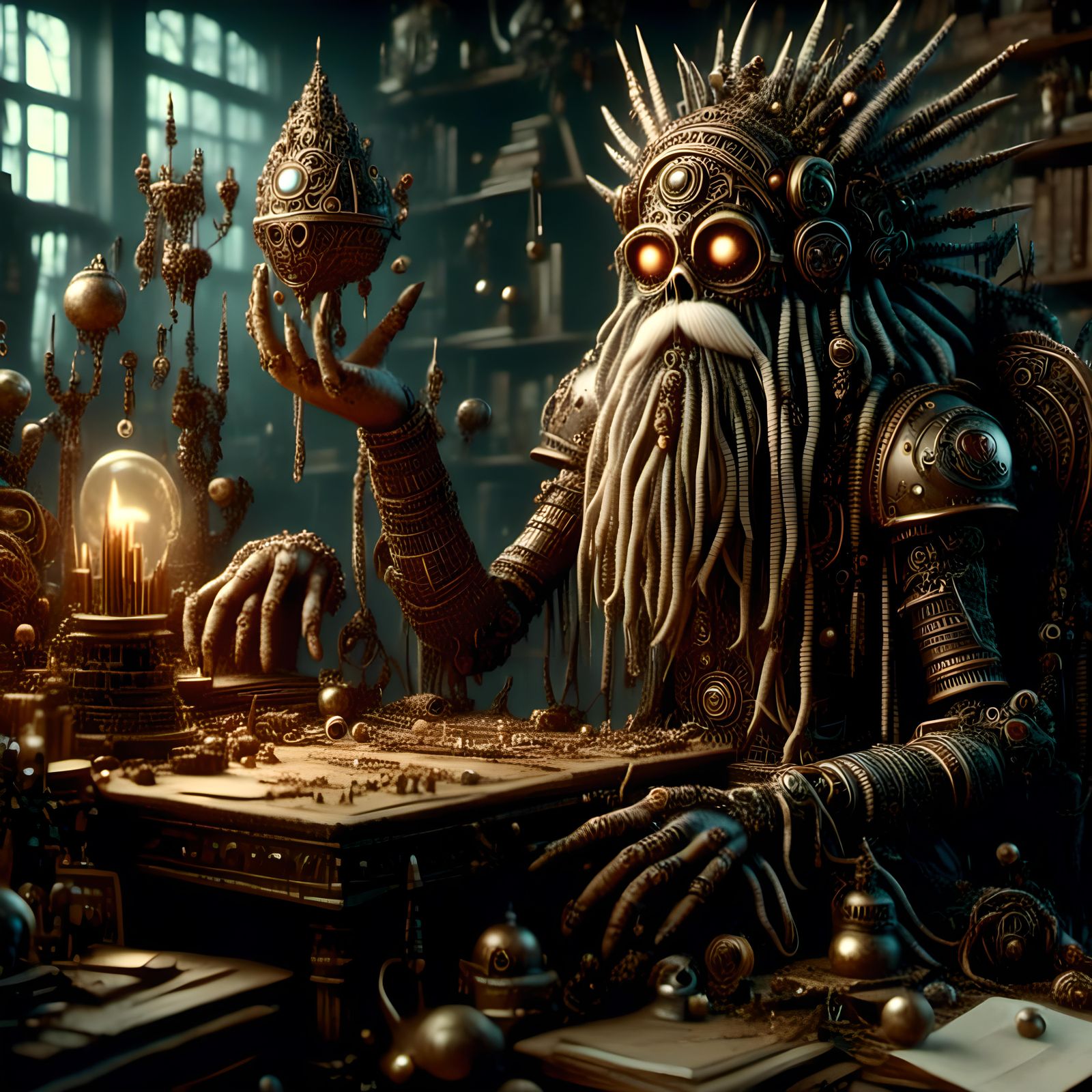 <lora:G-Dark RPG:1.2> Locryn is a rock gnome with black eyes, bronze skin, and black hair. He is thin and short. The hai...